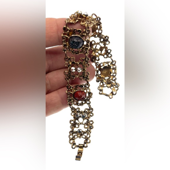 Vintage Gold Tone Ornate Scroll Design Panel Linked Cabochon Gems - Picture 7 of 11